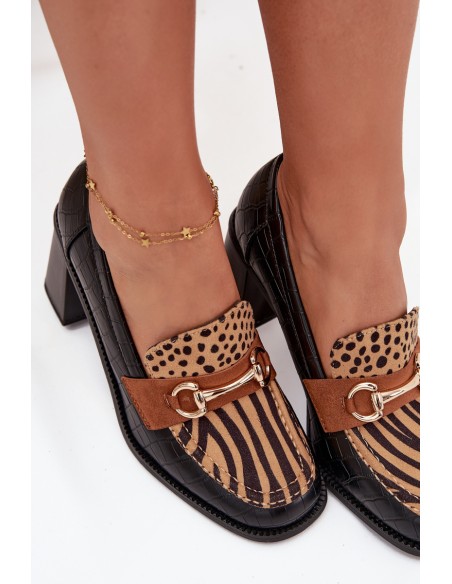 Women's Low Shoes with Heel with Embossing and Gold Detail Black-Beige Novella