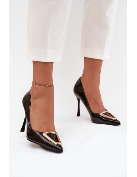 Patent leather heels with gold detail black Paivelle