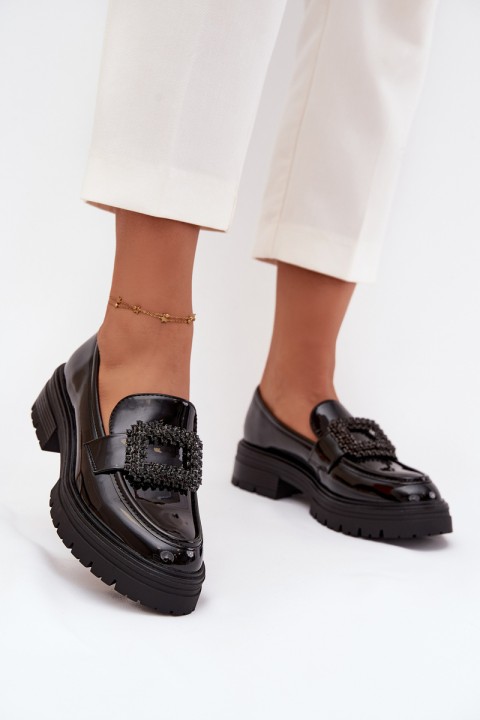 Patent Leather Women's Loafers Moccasins With Decorative Clasp Black Luvianne