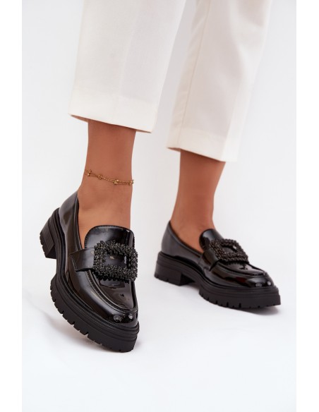 Patent Leather Women's Loafers Moccasins With Decorative Clasp Black Luvianne
