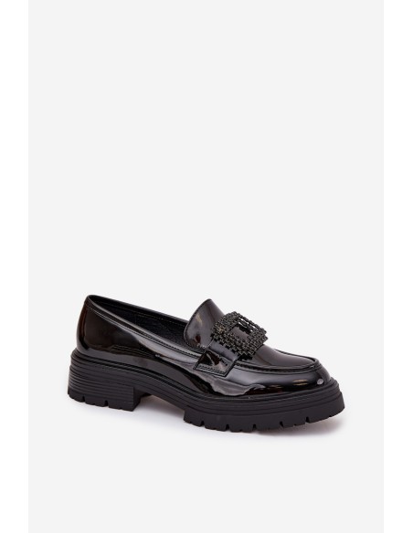 Patent Leather Women's Loafers Moccasins With Decorative Clasp Black Luvianne
