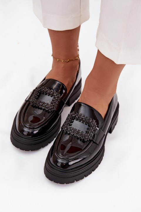 Patent Leather Women's Loafers Moccasins With Decorative Clasp Black Luvianne