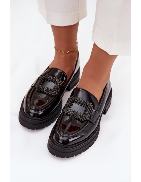 Patent Leather Women's Loafers Moccasins With Decorative Clasp Black Luvianne