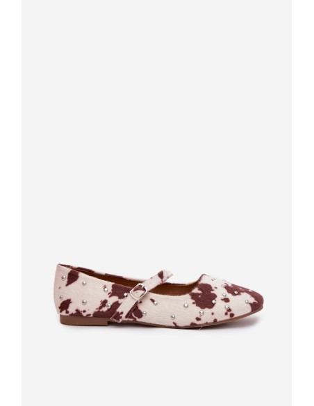 Embellished Women's Ballerinas with Strap in White-Brown Olivisse