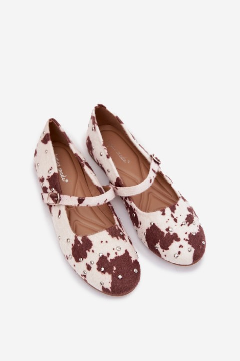 Embellished Women's Ballerinas with Strap in White-Brown Olivisse