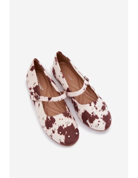 Embellished Women's Ballerinas with Strap in White-Brown Olivisse