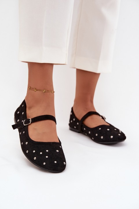 Embellished Women's Ballerinas with Strap Black Olivisse