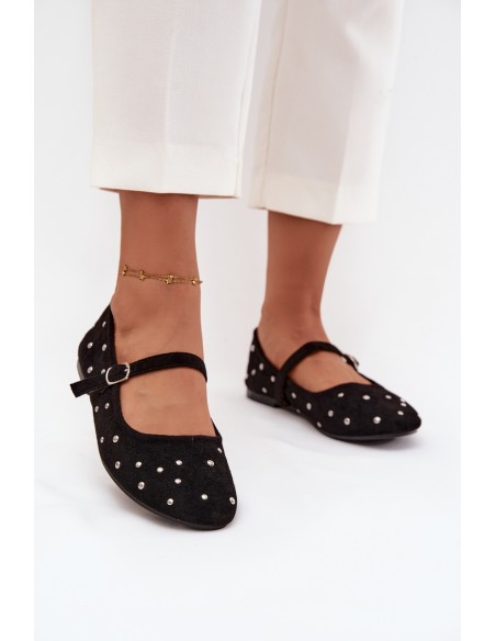 Embellished Women's Ballerinas with Strap Black Olivisse
