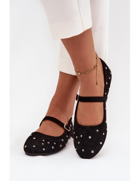 Embellished Women's Ballerinas with Strap Black Olivisse