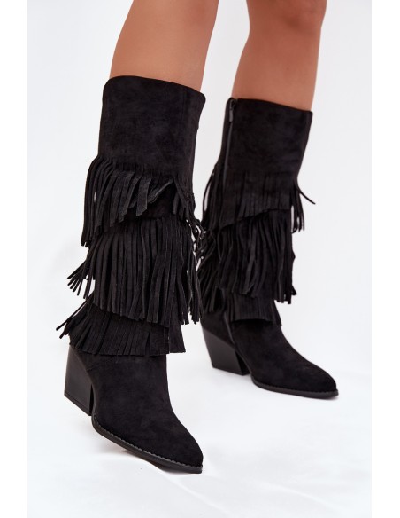 Heated Leather Cowboy Boots Women's With Fringes Black Brivina