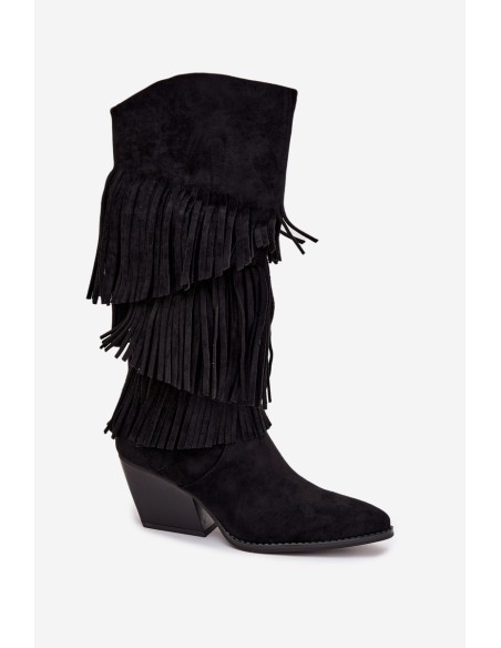 Heated Leather Cowboy Boots Women's With Fringes Black Brivina