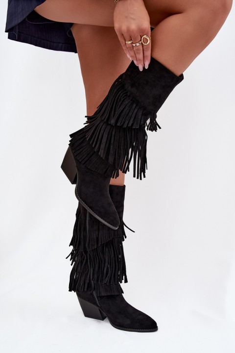 Heated Leather Cowboy Boots Women's With Fringes Black Brivina