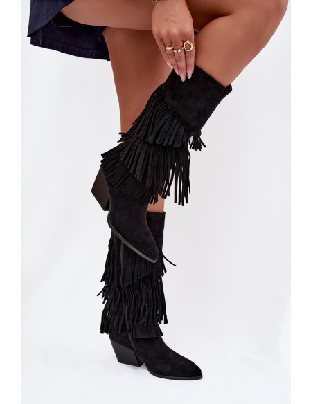Heated Leather Cowboy Boots Women's With Fringes Black Brivina
