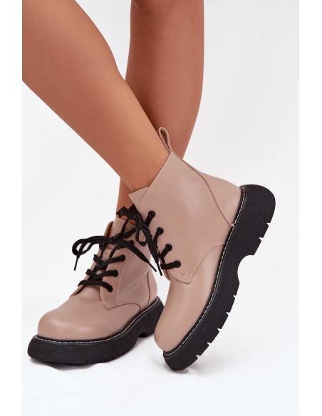 Insulated women's ankle boots on platform with laces dark beige Harmine