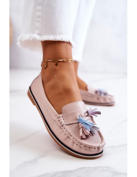 Women's Leather Loafers With Fringes Pink Laressa