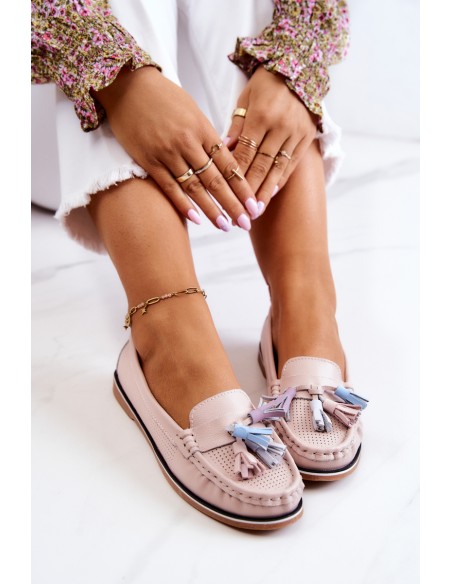 Women's Leather Loafers With Fringes Pink Laressa