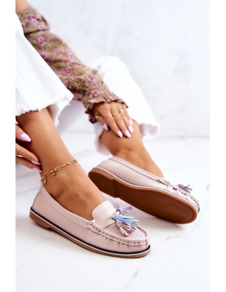 Women's Leather Loafers With Fringes Pink Laressa