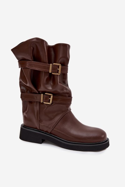 Wrinkled Women's Boots To The Middle Of The Leg With Straps And Buckles Brown Halvessa 2
