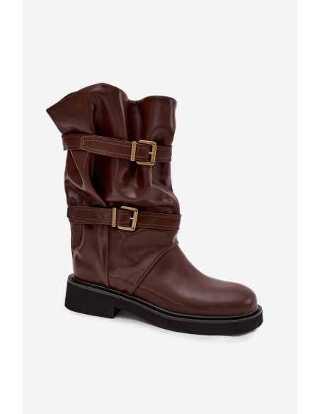 Raukšlėti moteriški aulinukai iki kojos vidurio su dirželiais ir sagtimis rudi Halvessa