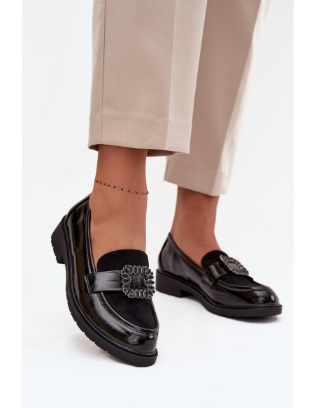 Patent Leather Women's Loafers With Decorative Buckle S.Barski HY52-546 Black