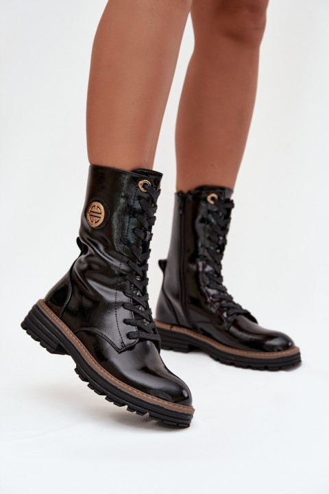 Patent leather women's work boots with gold detail insulated black Dorialine