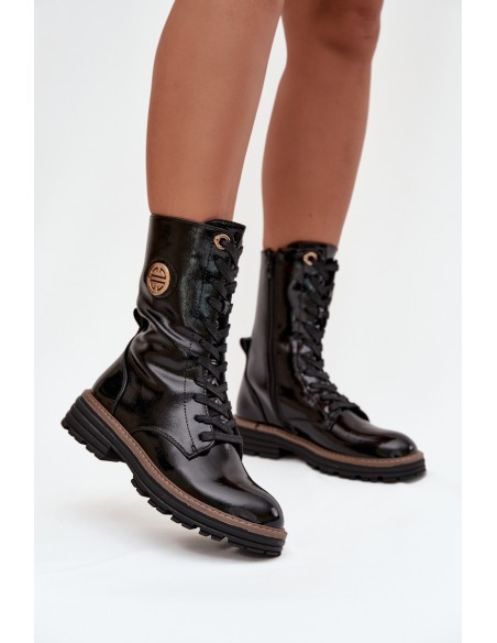 Patent leather women's work boots with gold detail insulated black Dorialine