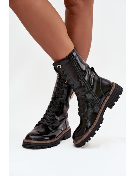 Lakuotos odos moteriški darbo batai su auksinėmis detalėmis, pašiltinti, juodi, Dorialine