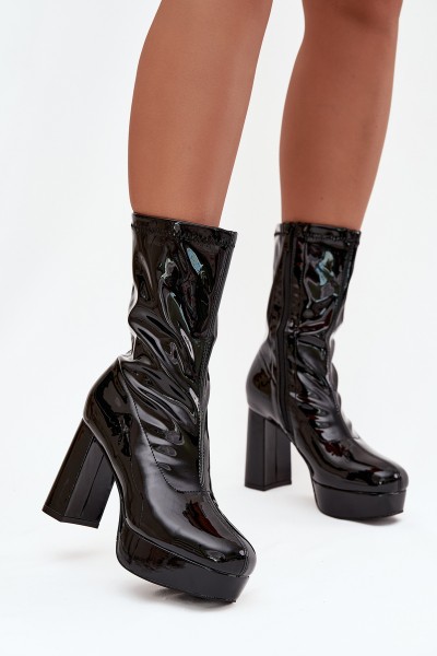 Patent leather women's ankle boots on platform and wedge heel black Calvessa