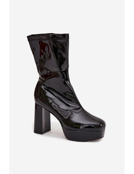 Patent leather women's ankle boots on platform and wedge heel black Calvessa