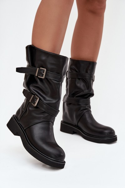 Wrinkled Women's Boots To The Middle Of The Calf With Straps And Buckles Black Halvessa
