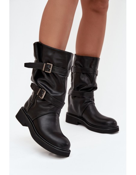 Wrinkled Women's Boots To The Middle Of The Calf With Straps And Buckles Black Halvessa