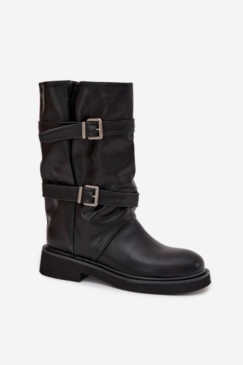 Wrinkled Women's Boots To The Middle Of The Calf With Straps And Buckles Black Halvessa