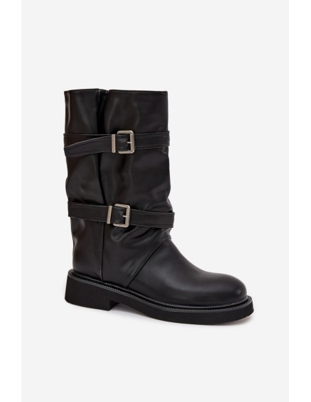 Wrinkled Women's Boots To The Middle Of The Calf With Straps And Buckles Black Halvessa