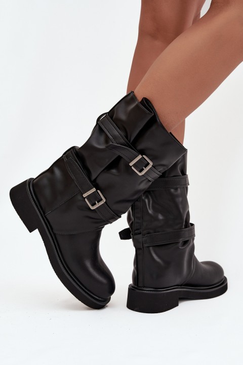 Wrinkled Women's Boots To The Middle Of The Calf With Straps And Buckles Black Halvessa
