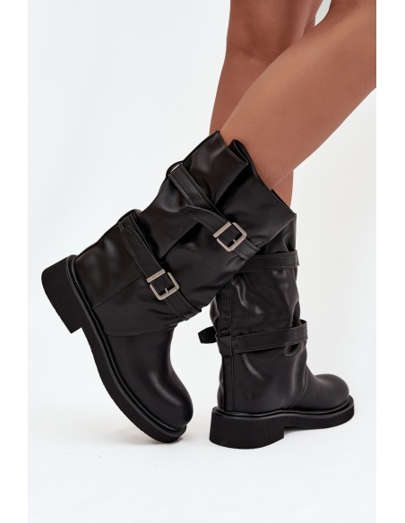 Wrinkled Women's Boots To The Middle Of The Calf With Straps And Buckles Black Halvessa
