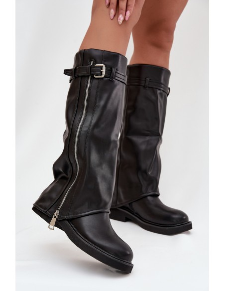 Women's Boots With Turned Cuff Buckle And Silver Zipper Lined Black Bressa