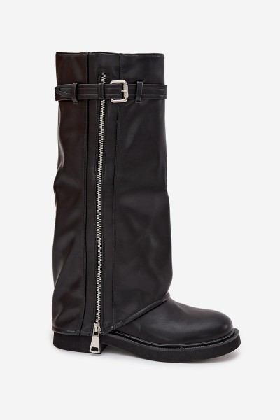 Women's Boots With Turned Cuff Buckle And Silver Zipper Lined Black Bressa 2