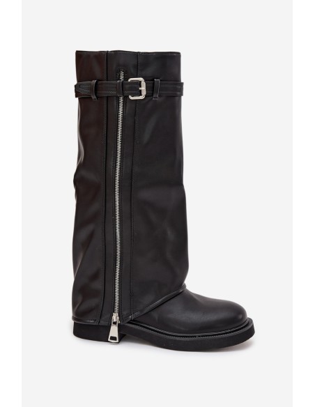Women's Boots With Turned Cuff Buckle And Silver Zipper Lined Black Bressa