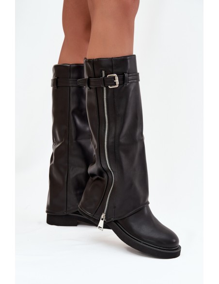 Women's Boots With Turned Cuff Buckle And Silver Zipper Lined Black Bressa