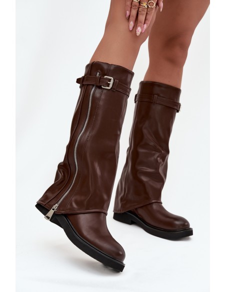 Women's Boots with Turned-up Shaft Buckle and Silver Zipper Insulated Brown Bressa