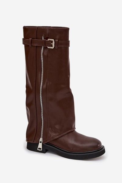 Women's Boots with Turned-up Shaft Buckle and Silver Zipper Insulated Brown Bressa 2