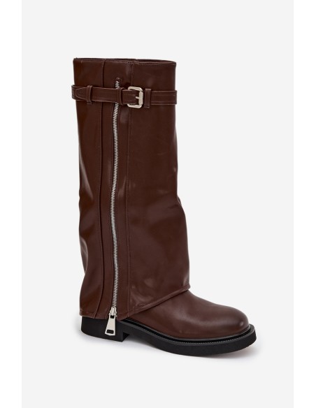 Women's Boots with Turned-up Shaft Buckle and Silver Zipper Insulated Brown Bressa
