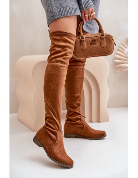 Knee High Flat Heel Boots Made Of Eco Suede Camel Linnithia