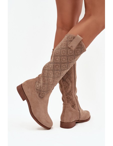 Women's Openwork Ankle Boots On Flat Heel S.Barski HY52-534 Beige