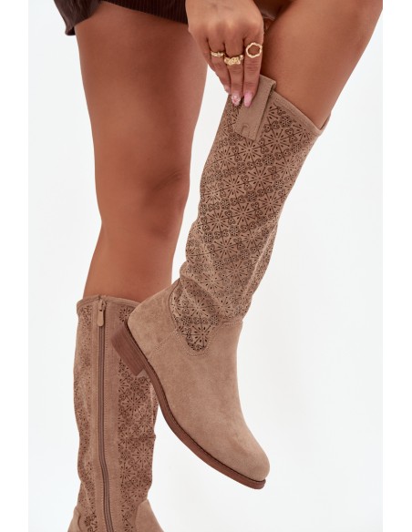 Women's Openwork Ankle Boots On Flat Heel S.Barski HY52-534 Beige