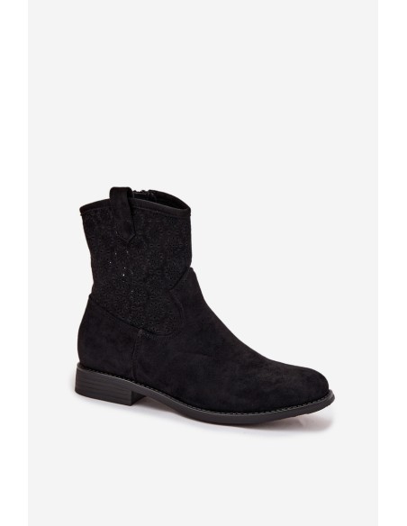 Women's Flat Heel Ankle Boots with Openwork Pattern S.Barski HY52-530 Black