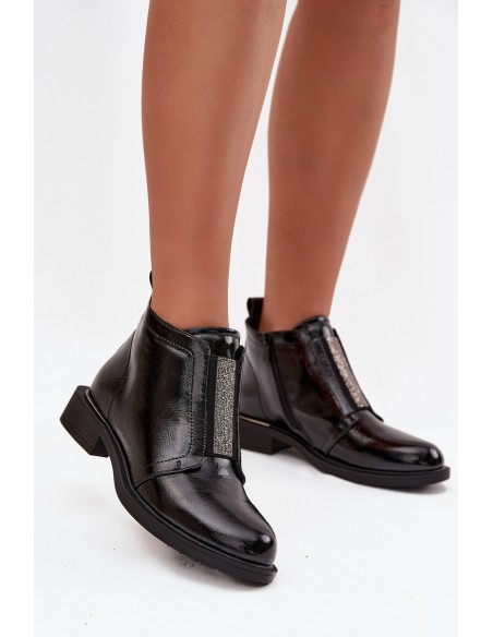 Patent Leather Insulated Women's Ankle Boots Low Heel S.Barski HY52-506 Black