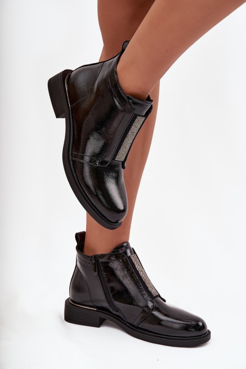 Patent Leather Insulated Women's Ankle Boots Low Heel S.Barski HY52-506 Black