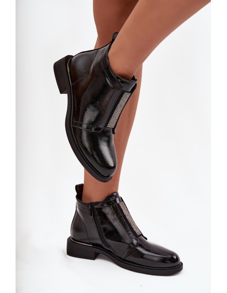 Lakuotos odos apšiltinti moteriški aulinukai iki kulno, žemu kulnu, S.Barski HY52-506, juodi