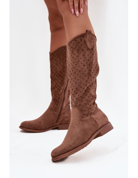 Women's Flat Heeled Boots with Perforated Pattern S.Barski HY52-531 Brown